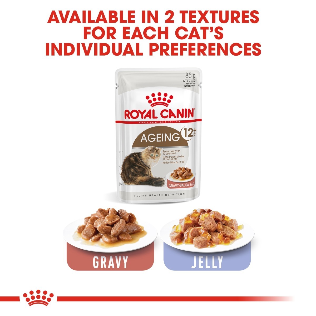 Royal Canin Ageing 12+ cat food pouch with gravy and jelly options on a white background.