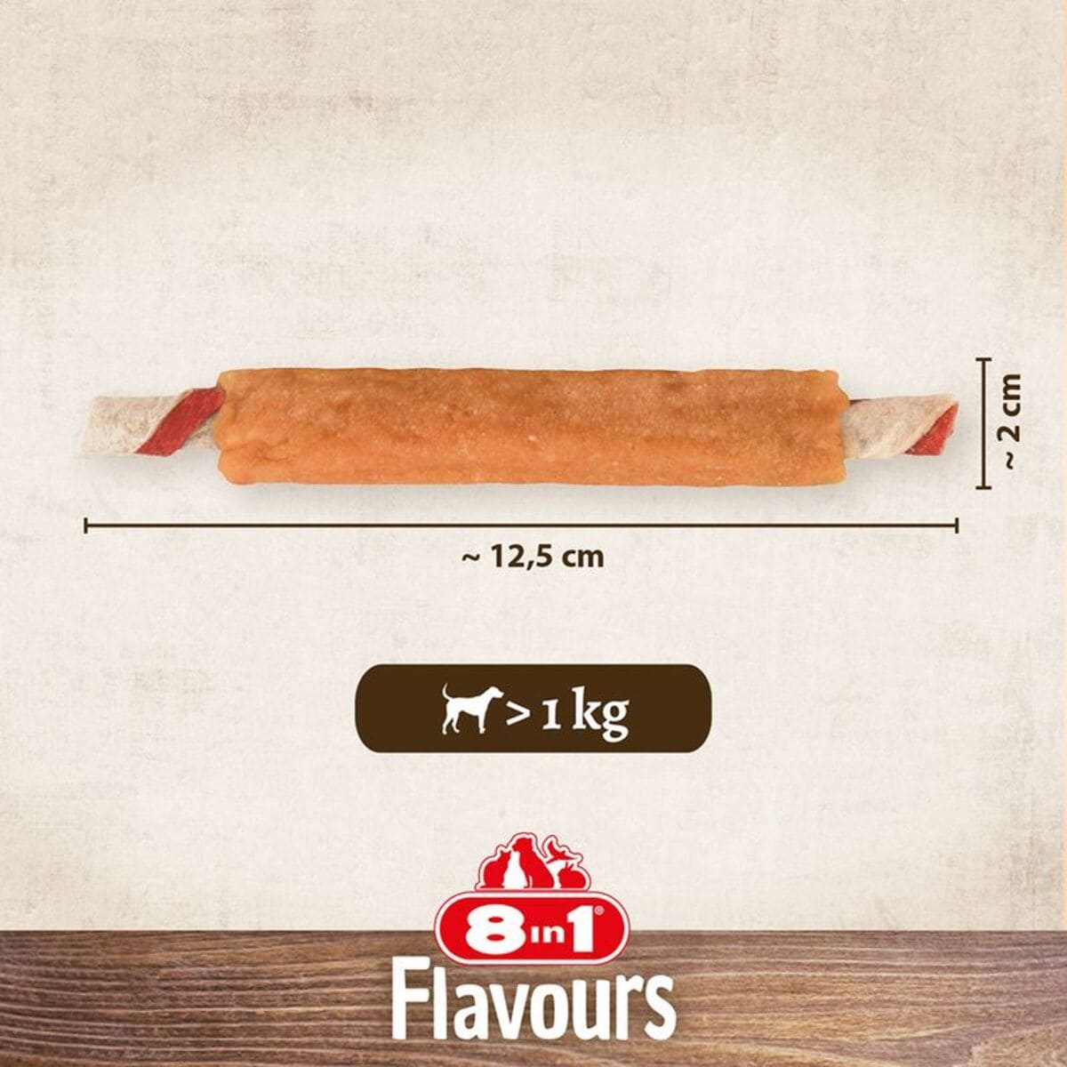 Measurement chart of a dog treat with dimensions and 8in1 Flavours branding.