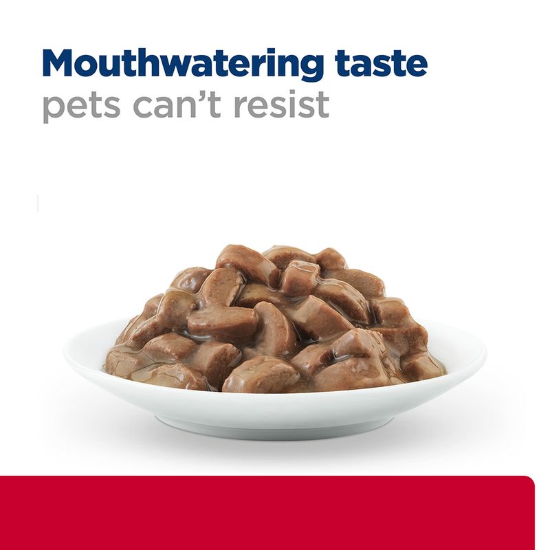 White bowl filled with pet food on a white background with text 'Mouthwatering taste pets can't resist'.