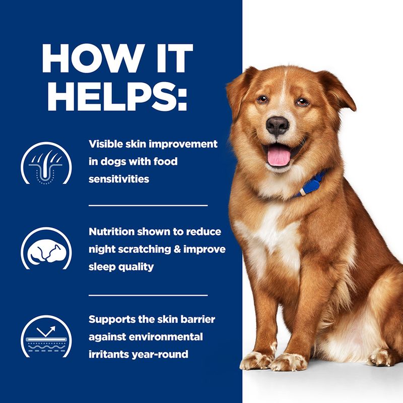 Dog with a blue background and text about product benefits