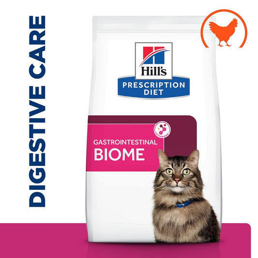 Hill's Prescription Diet Gastrointestinal Biome cat food package with a cat on the label.