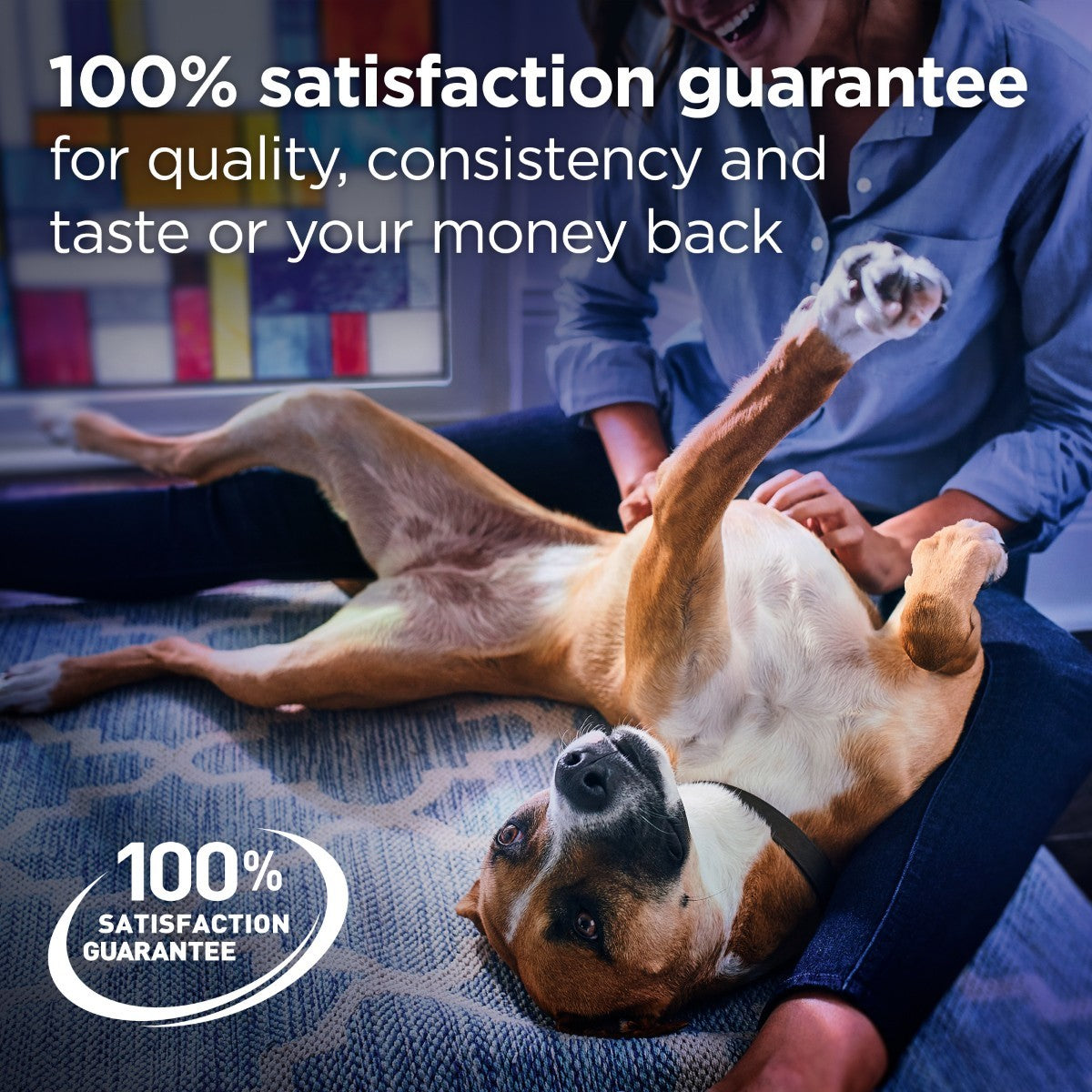Dog lying on its back with a person petting it, promotional text about satisfaction guarantee.