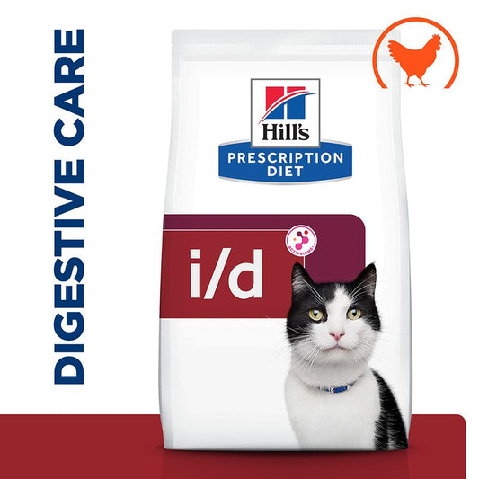 Hills Prescription Diet i/d cat food bag with a cat on the label