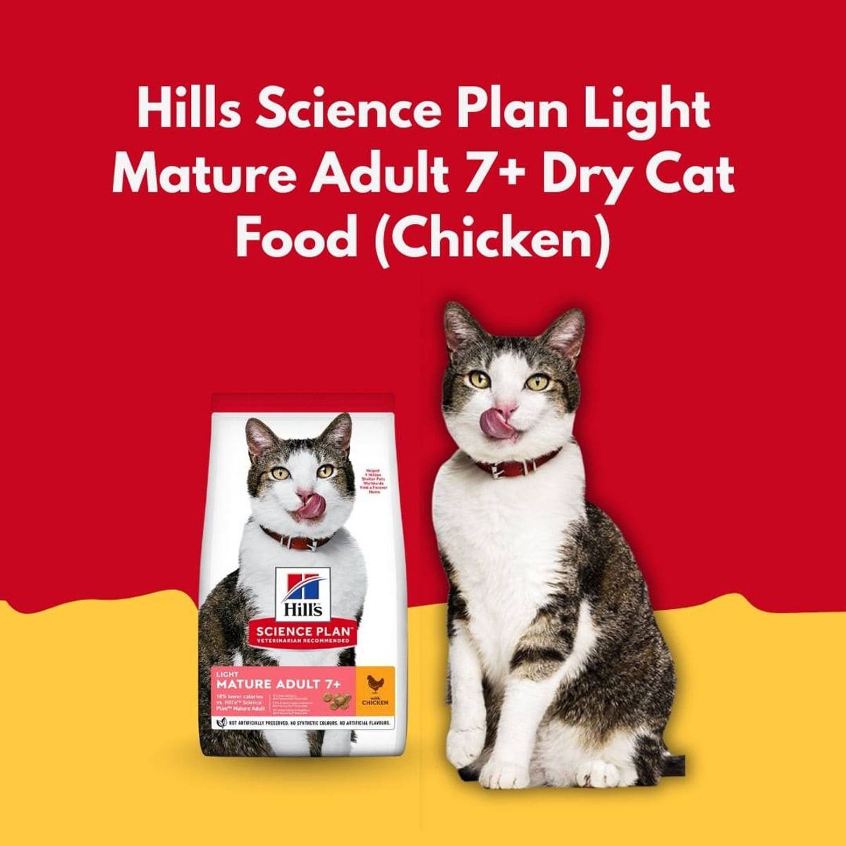Hills Science Plan Light Mature Adult 7+ Dry Cat Food packaging with a cat on a red and yellow background
