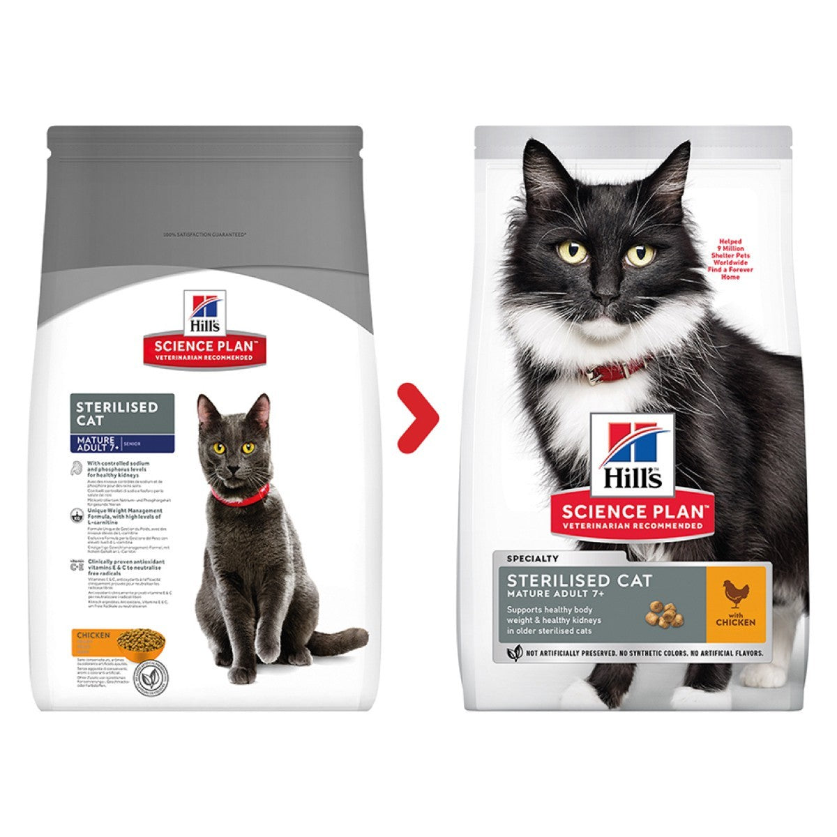 Two packages of Hills Science Plan cat food for sterilized cats on a white background