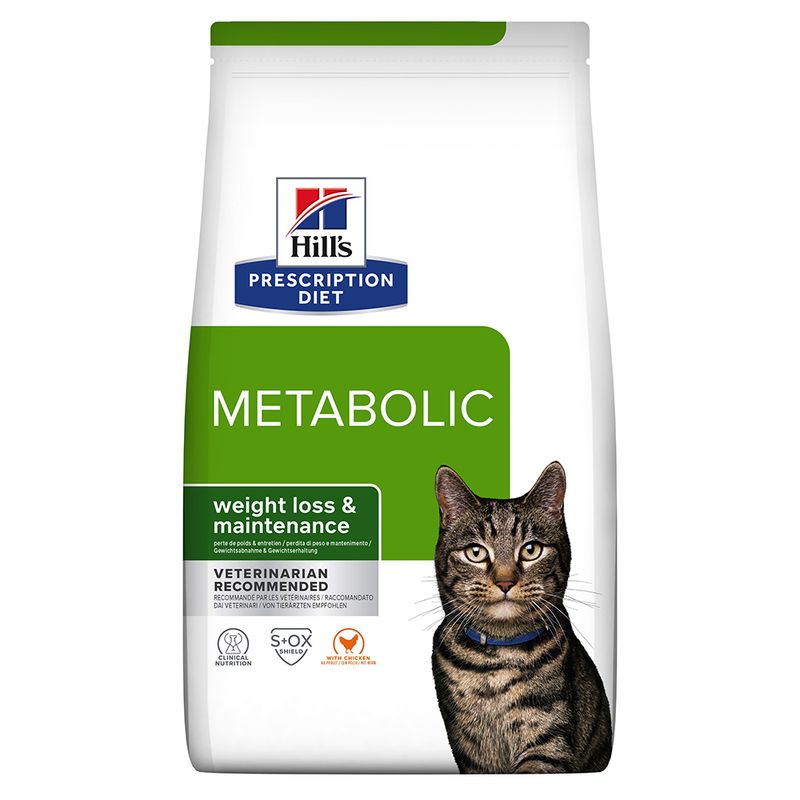 Hills Prescription Diet Metabolic weight loss and maintenance cat food bag with a cat on a white background