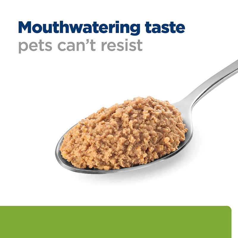 Spoonful of brown pet food with text 'Mouthwatering taste pets can't resist' on a white background