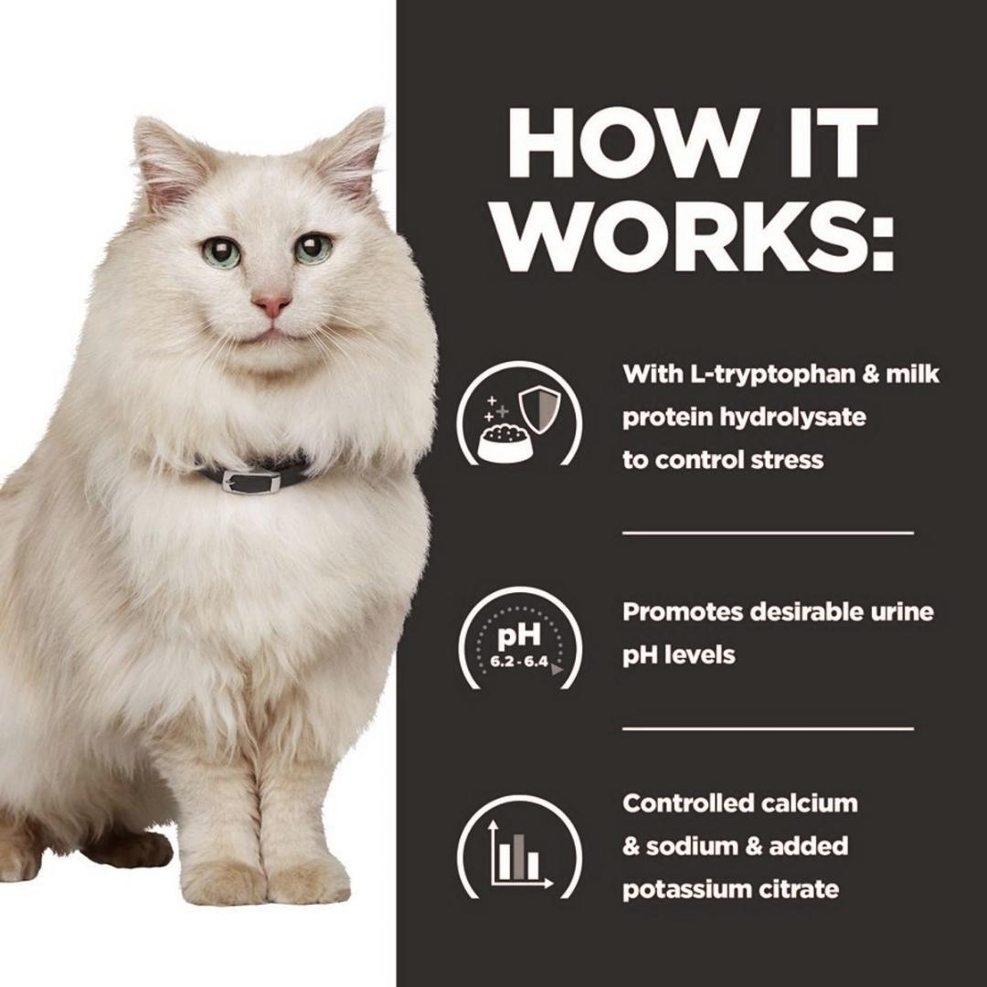 White cat with text on how a product works, featuring L-tryptophan, milk protein hydrolysate, pH control, and calcium management.
