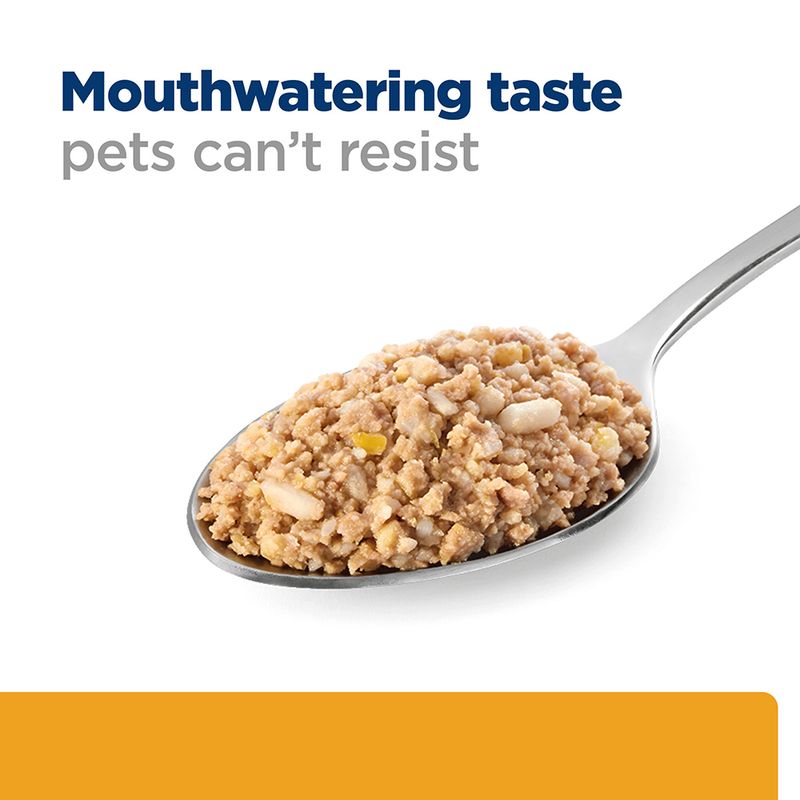 Spoonful of pet food with text 'Mouthwatering taste pets can't resist' on a white background