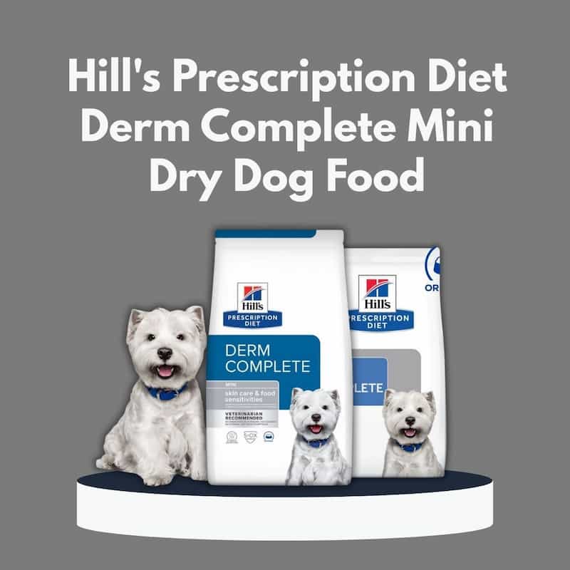 Hill's Prescription Diet Derm Complete Mini Dry Dog Food packages with a dog on a gray background