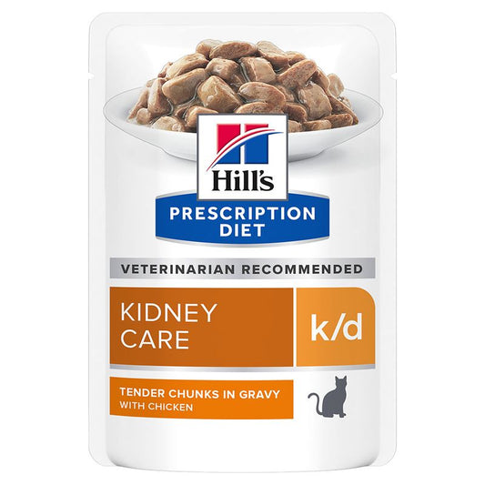 Hills Prescription Diet k/d kidney care cat food pouch on a white background