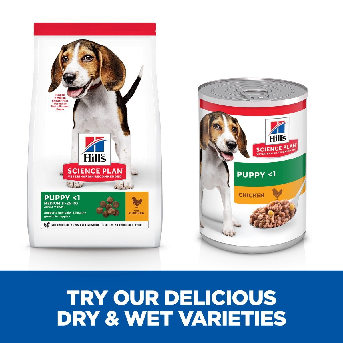 Hills Science Plan puppy food packaging including a bag and a can on a white background with promotional text.