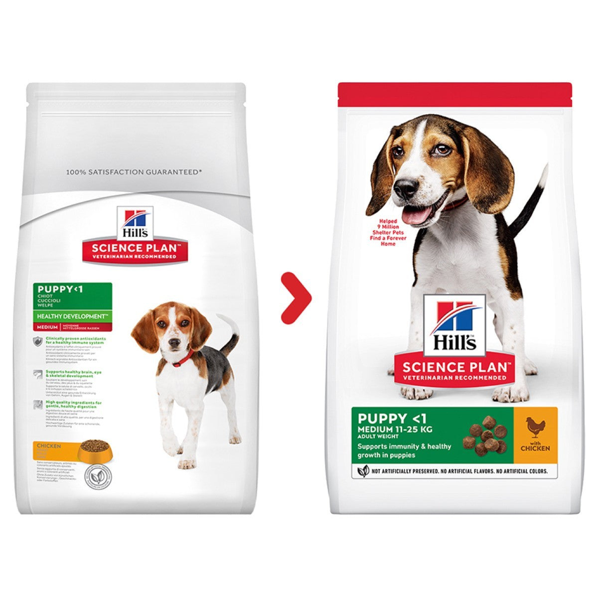 Two packages of Hills Science Plan puppy food on a white background