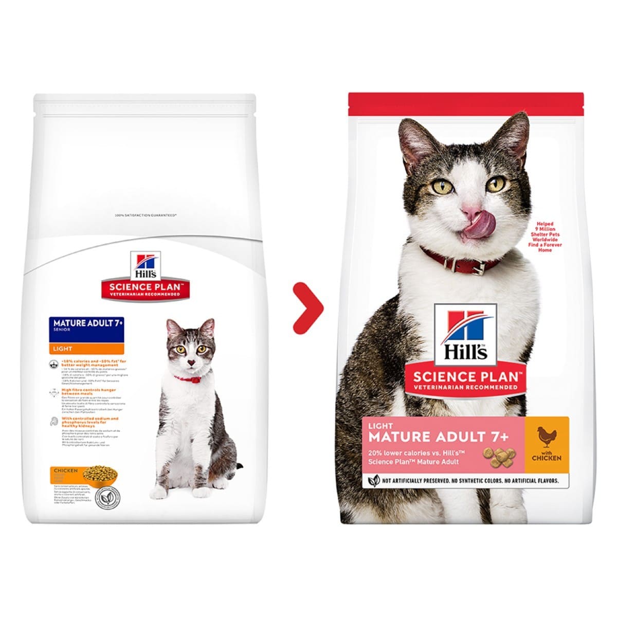 Two bags of Hills Science Plan cat food with images of cats on a white background