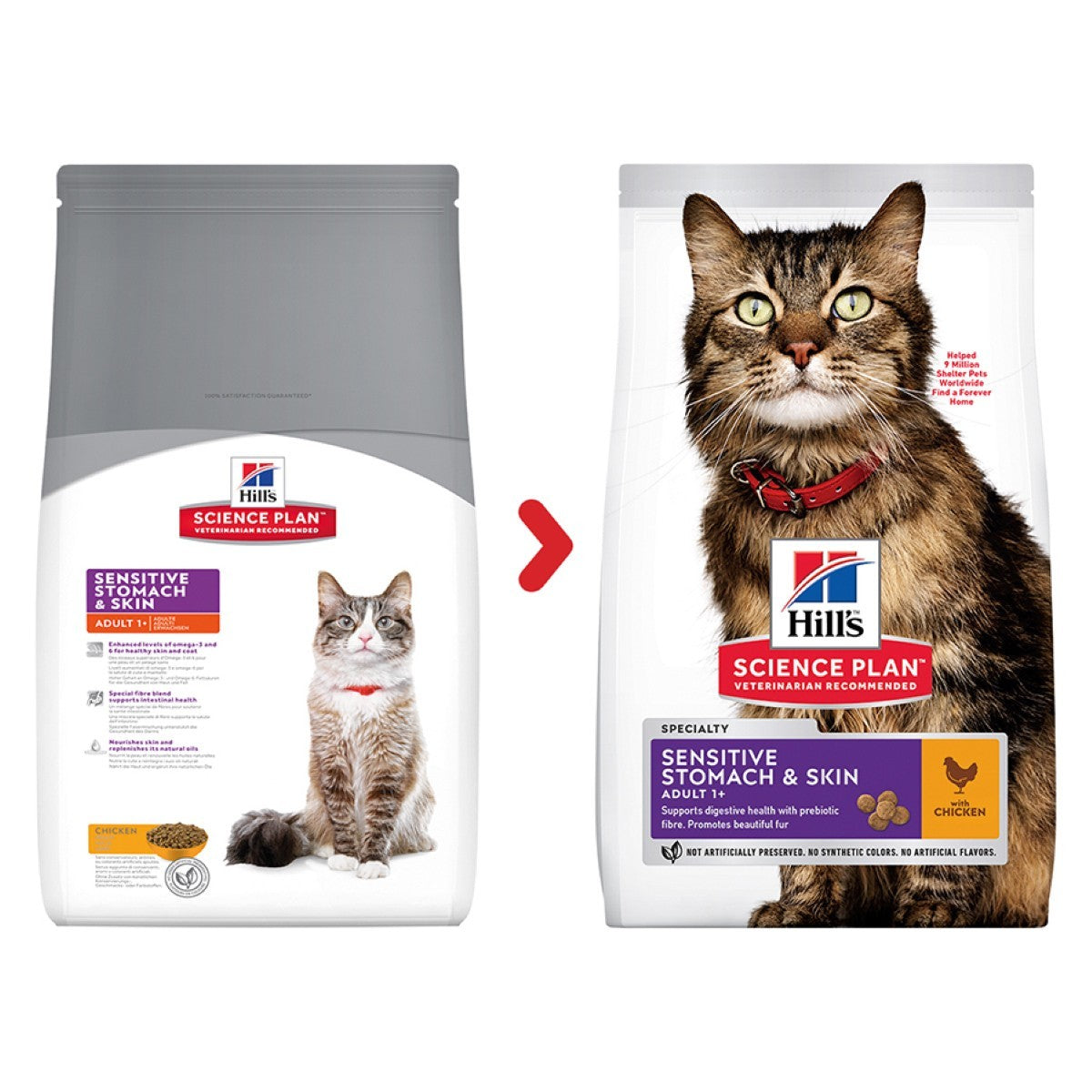Two packages of Hills Science Plan cat food with images of cats on a white background