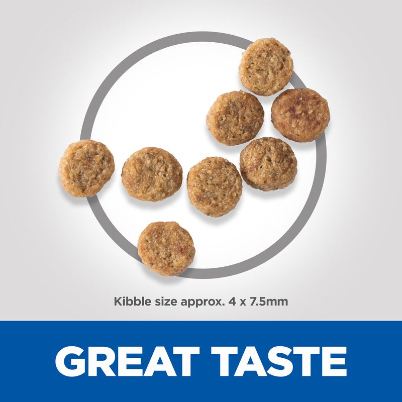 Dog kibble with text indicating size and taste on a gray background