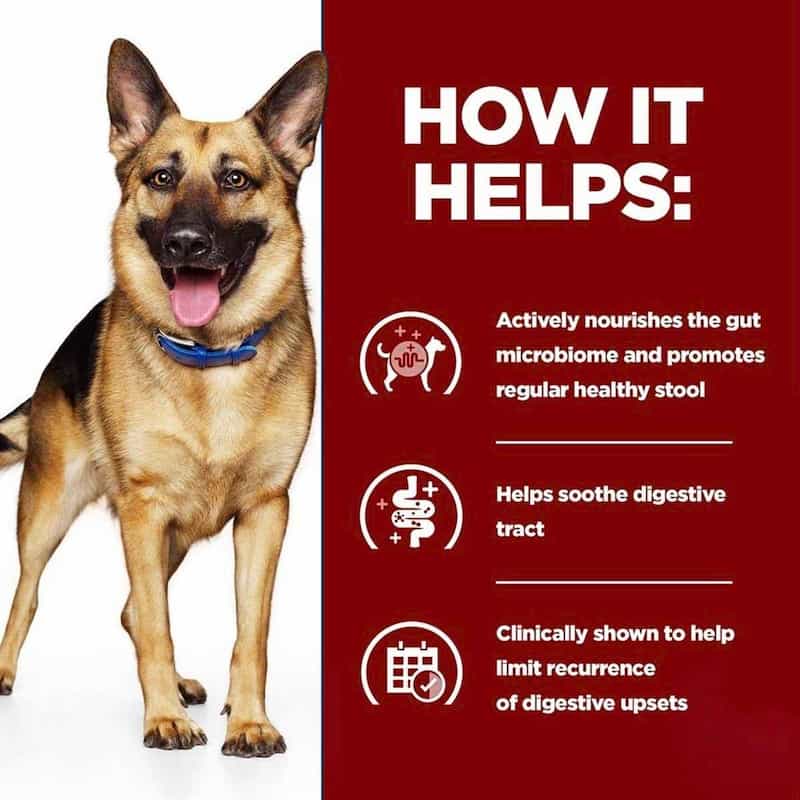 German Shepherd dog with a red background and text about product benefits
