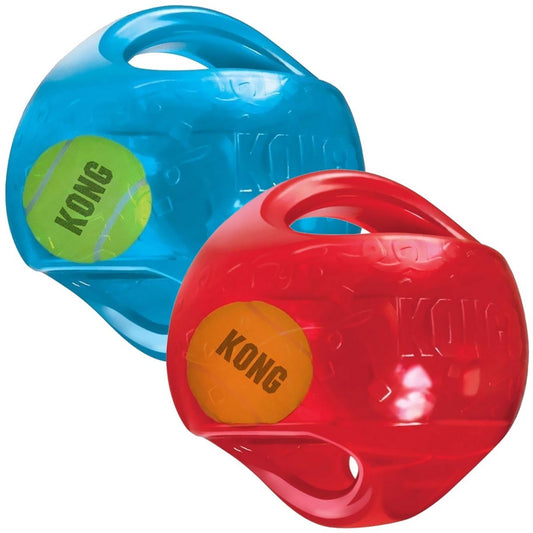 Two KONG dog toys, one blue and one red, on a white background.