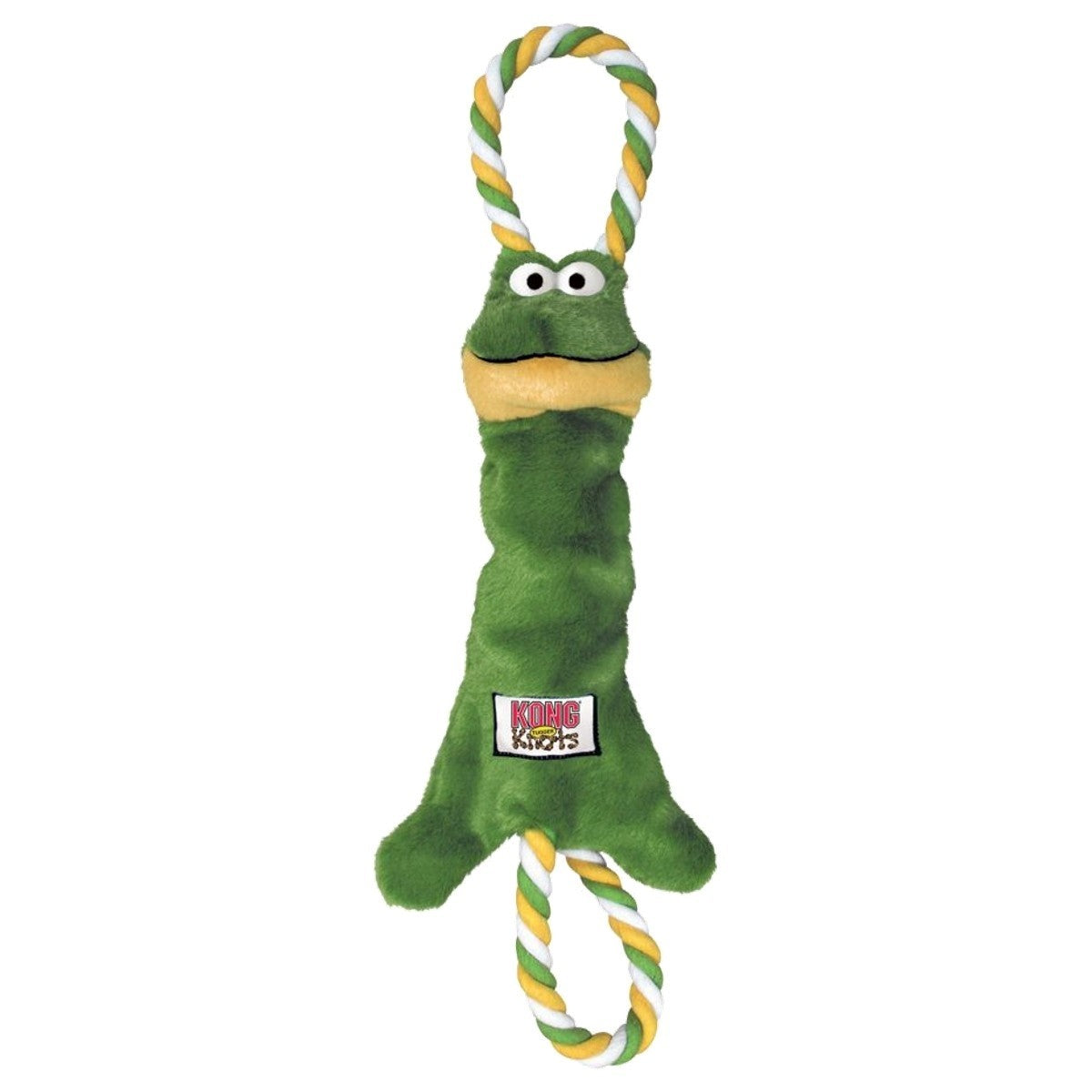 Green frog-shaped dog toy with a rope on a white background