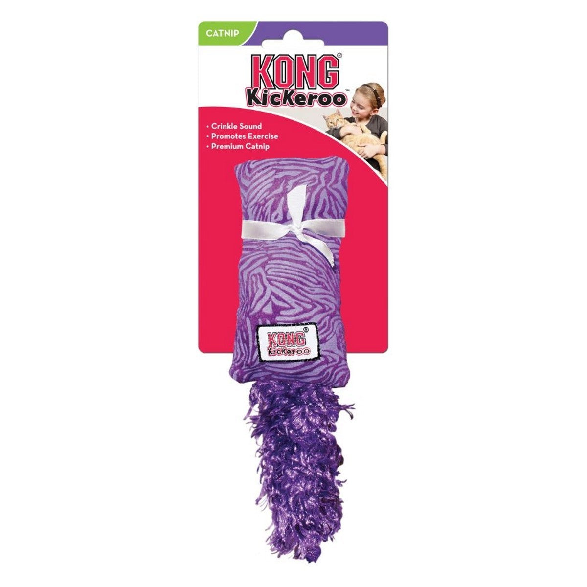 Purple KONG Kickeroo cat toy on a pink packaging background