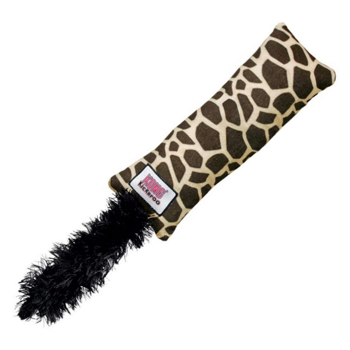 Dog toy with giraffe pattern and black feather on a white background