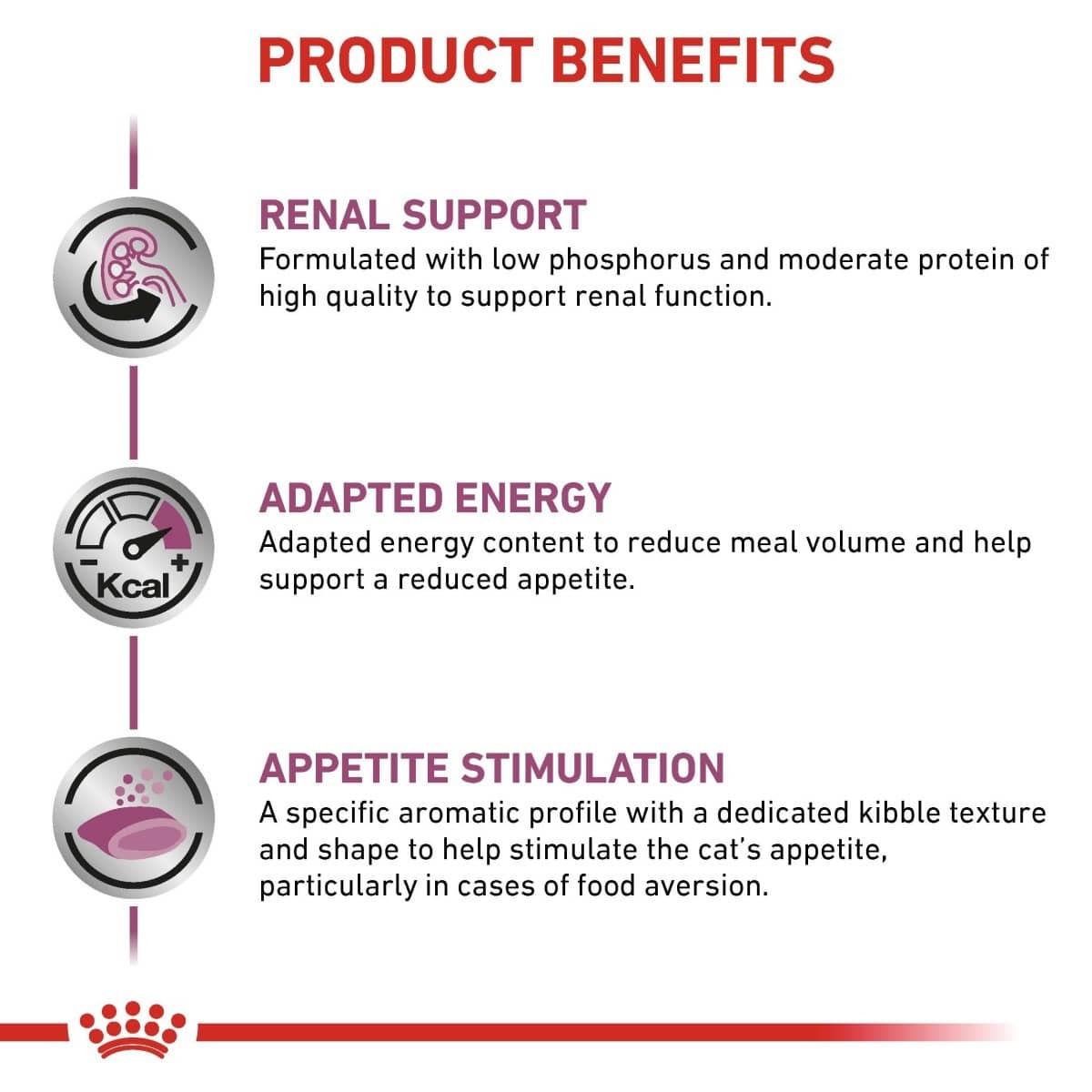 Product benefits for a pet food formulation with renal support, adapted energy, and appetite stimulation.