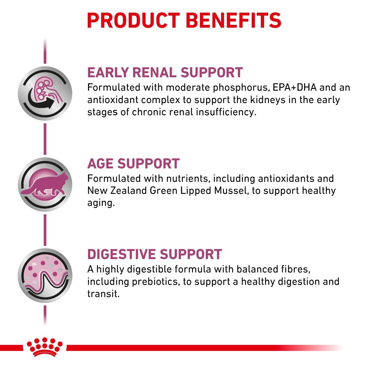 Product benefits for early renal support, age support, and digestive support with icons and text on a white background.