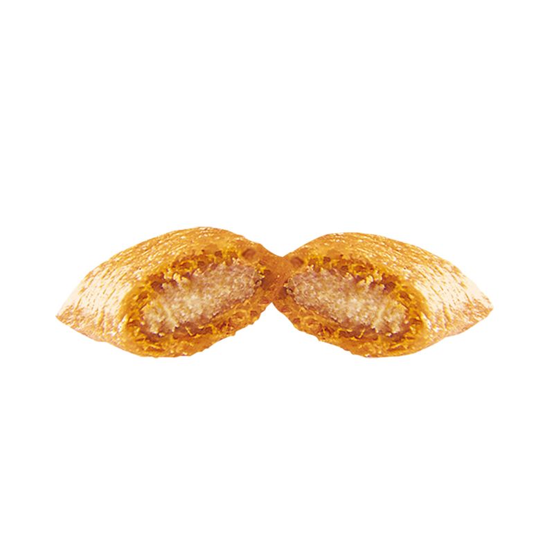 Two halves of a pastry with a filling on a white background