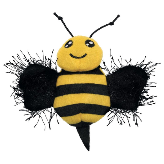 Plush bee toy with black and yellow stripes on a white background
