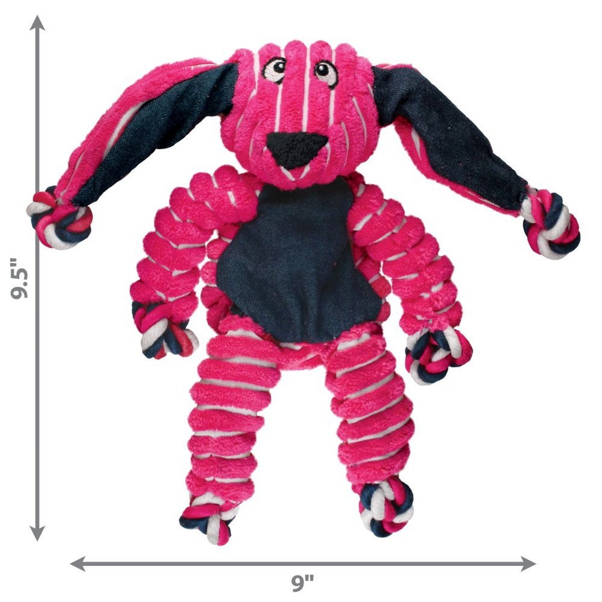 Pink and black dog toy with measurements on a white background