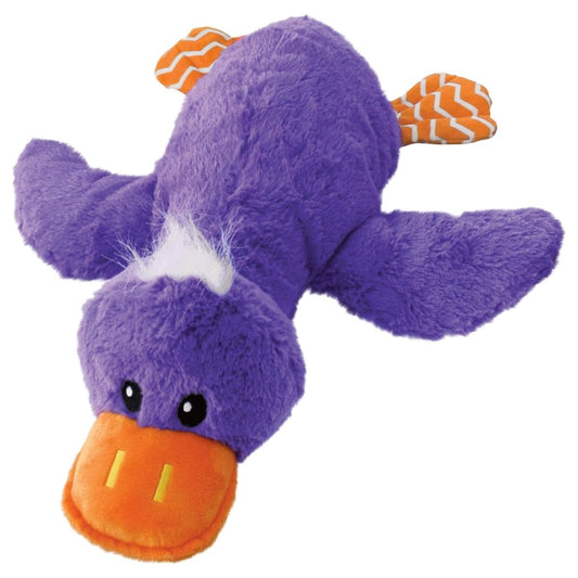Purple plush toy with orange beak and feet on a white background