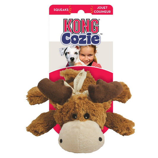 Kong Cozie moose toy packaging with a child and dog on a white background