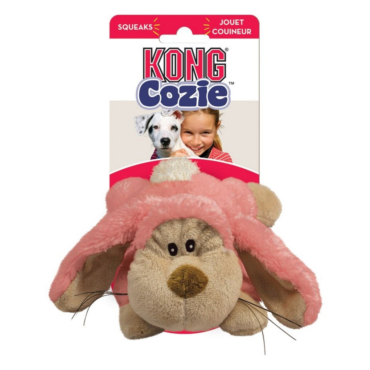 Kong Cozie dog toy with pink hood on a white background