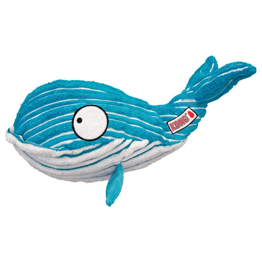 Blue and white whale-shaped plush toy with a visible brand logo on a white background