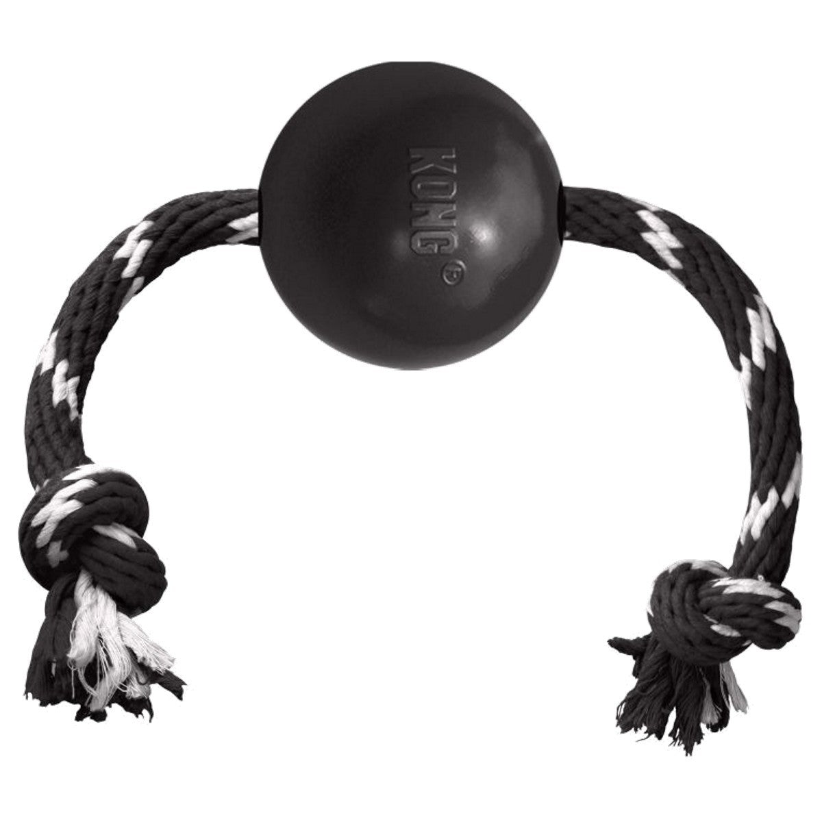 Black KONG dog toy with a rope on a white background