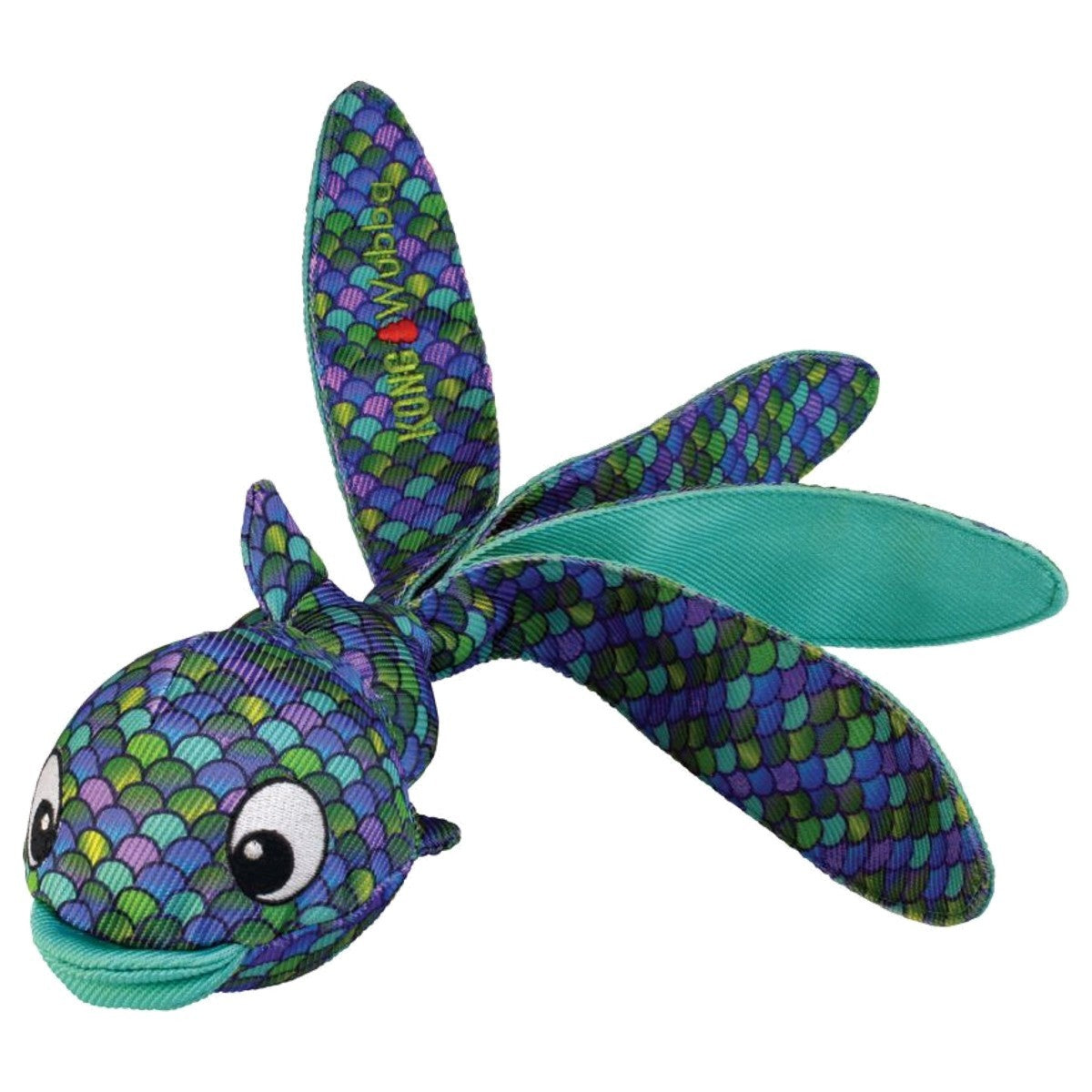 Colorful fish-shaped toy with a patterned body on a white background