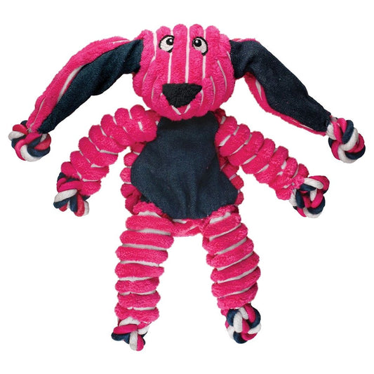 Pink and black dog toy with a rope-like texture on a white background