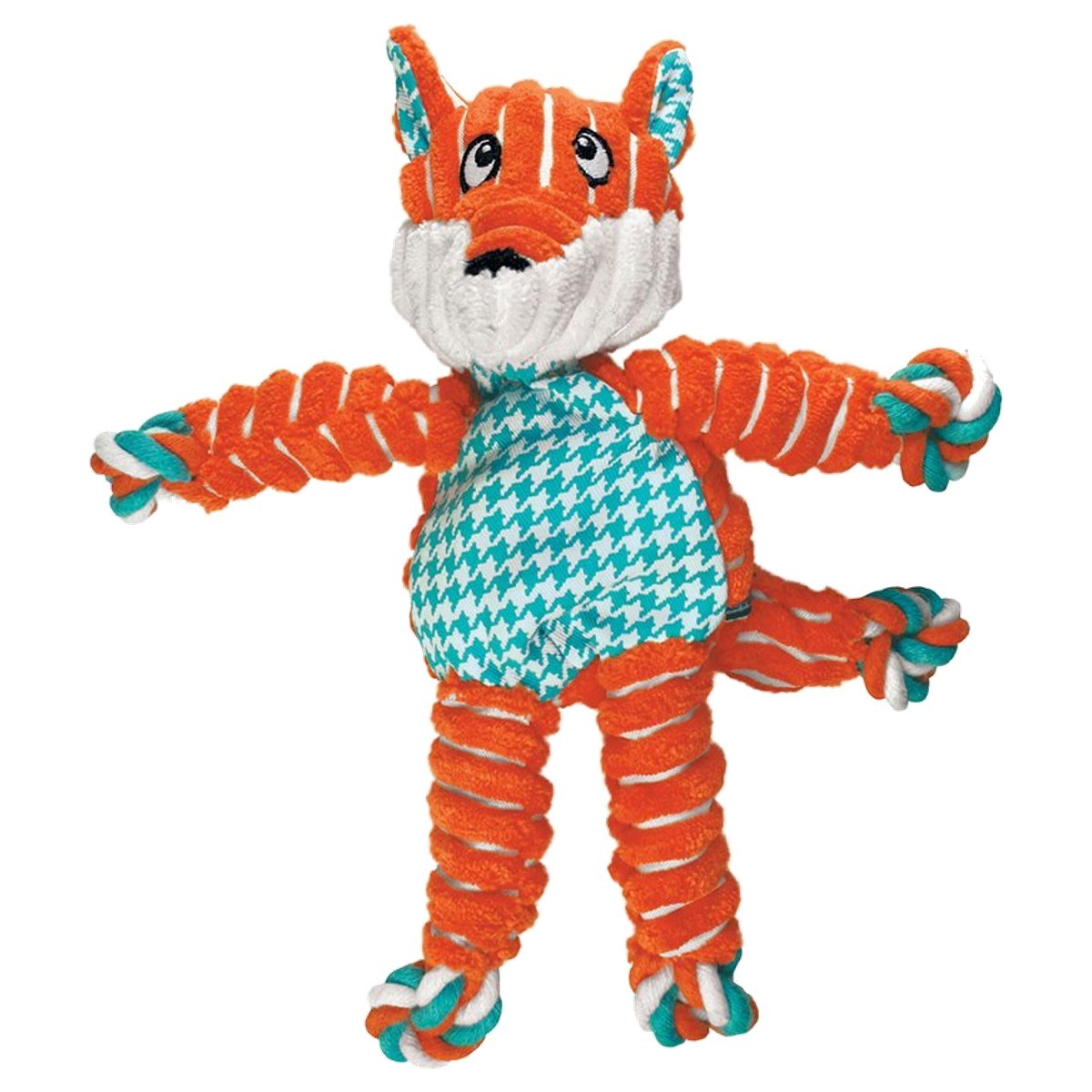 Toy fox with orange and blue pattern on a white background