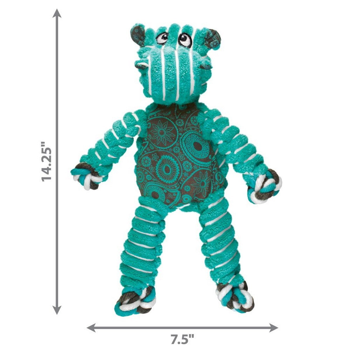 Teal and black toy with measurements on a white background
