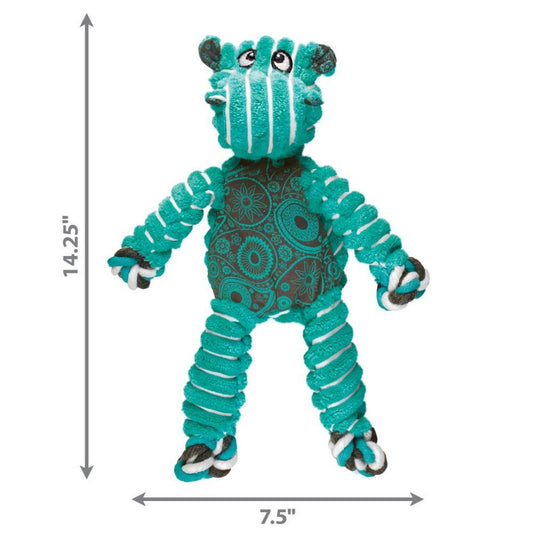 Teal and black toy with measurements on a white background