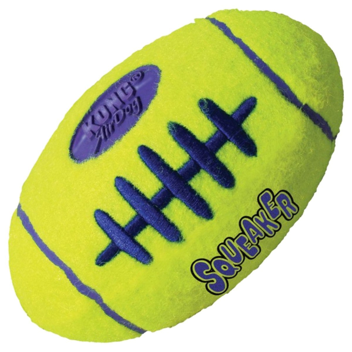 Yellow and blue KONG Squeaker toy shaped like a football on a white background