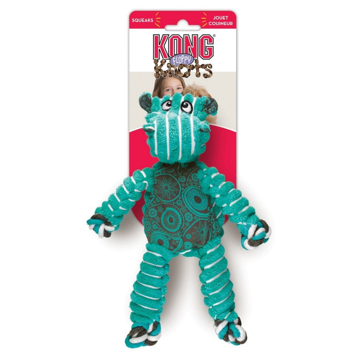 Teal and black patterned dog toy with KONG branding on a white background