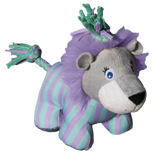 Plush lion toy with purple mane and green rope on a white background