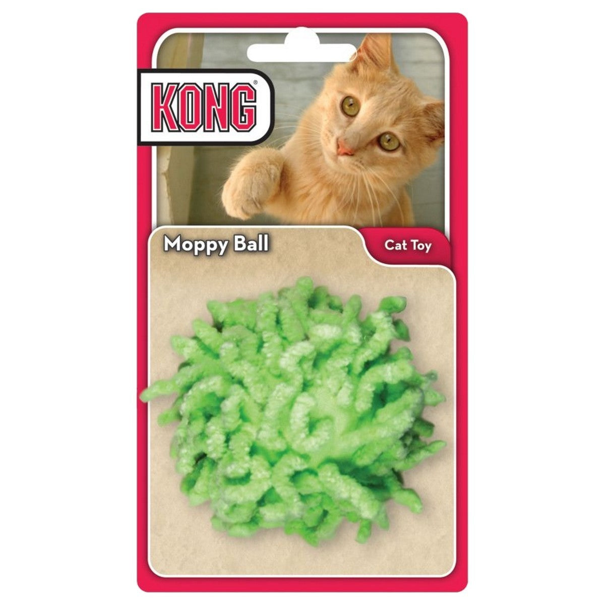 Kong Moppy Ball cat toy packaging with a cat on a white background