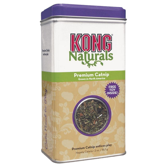 Kong Naturals Premium Catnip container with purple lid and beige body on a white background