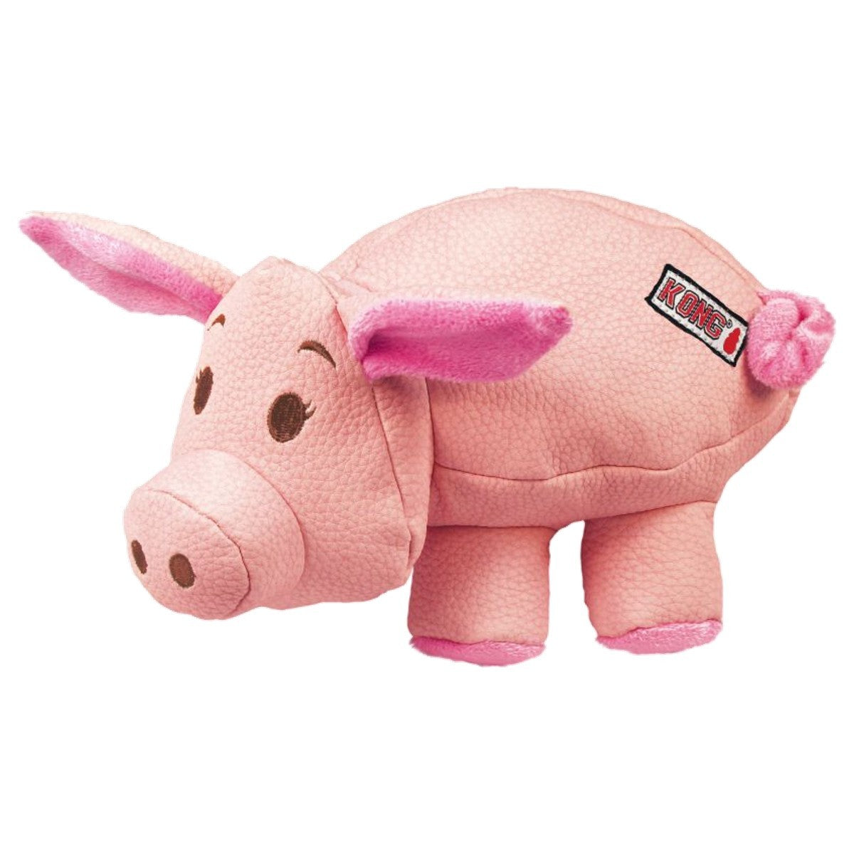 Pink plush pig toy with a visible brand label on a white background