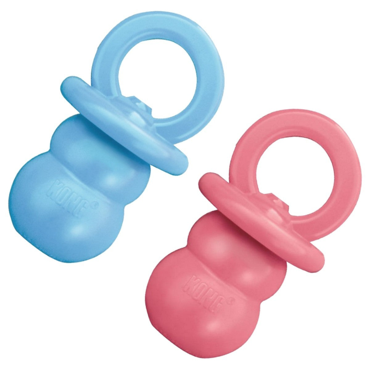 Two silicone baby teether toys, one blue and one pink, on a white background.