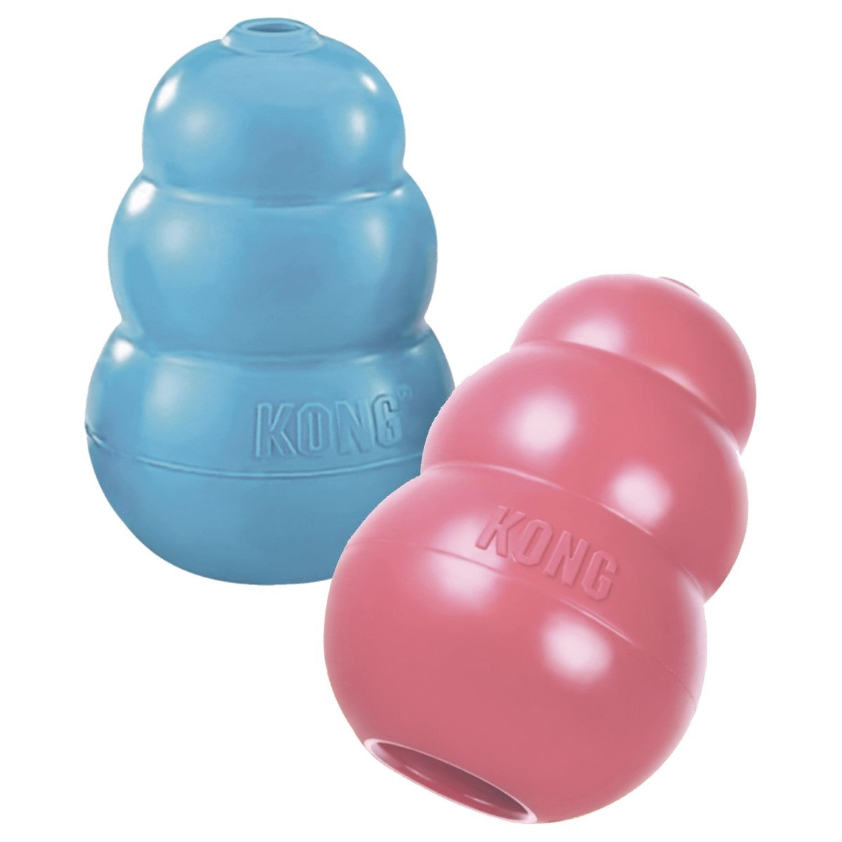 Two KONG dog toys, one blue and one pink, on a white background