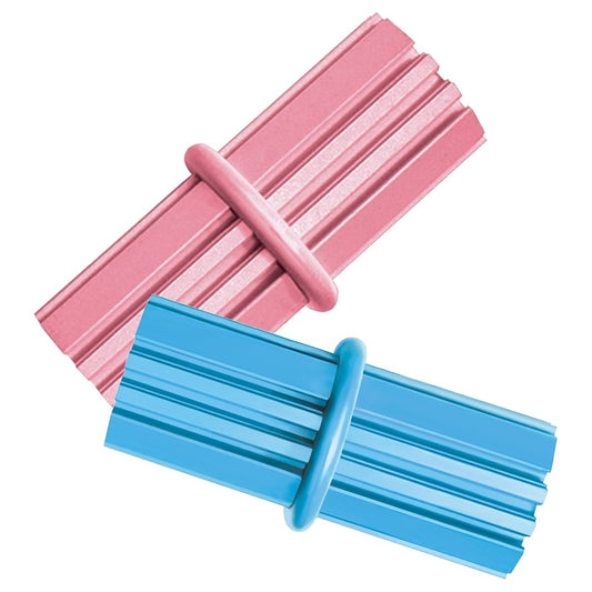 Pink and blue resistance bands on a white background