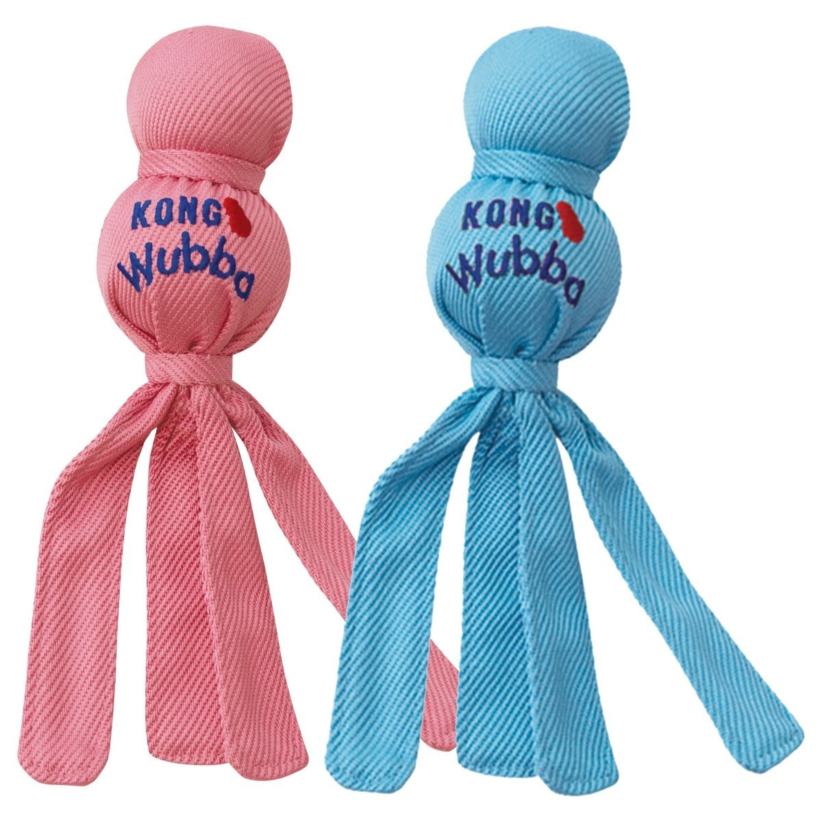 Pink and blue KONG Wubba toys on a white background